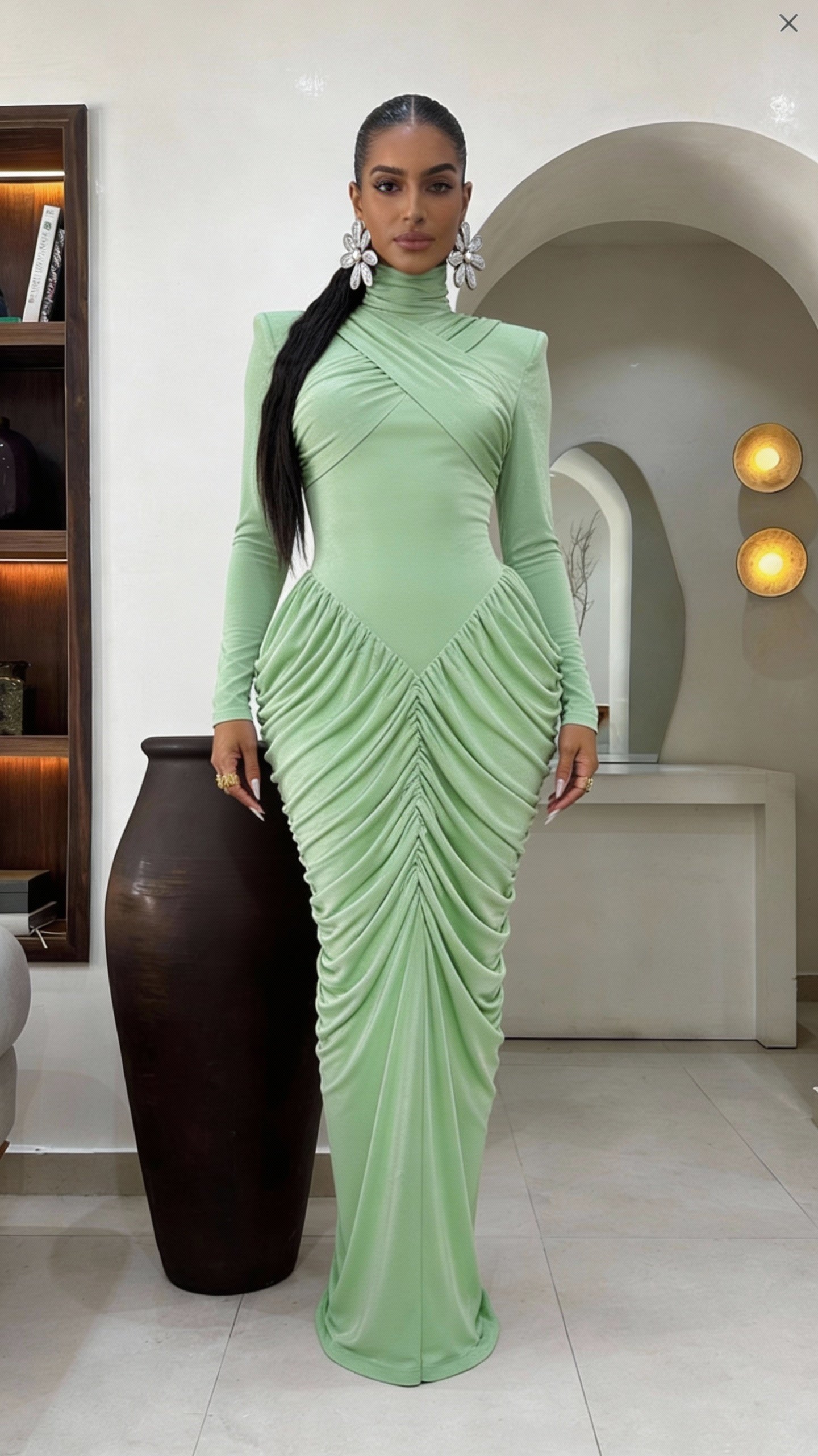 Neka mock neck shoulder pad crossed backless dress - Saga