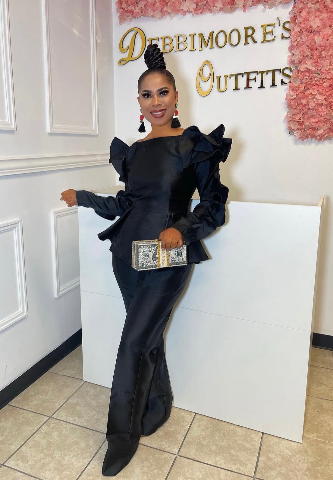 SEMI RUFFLED SLEEVES SET-BLACK