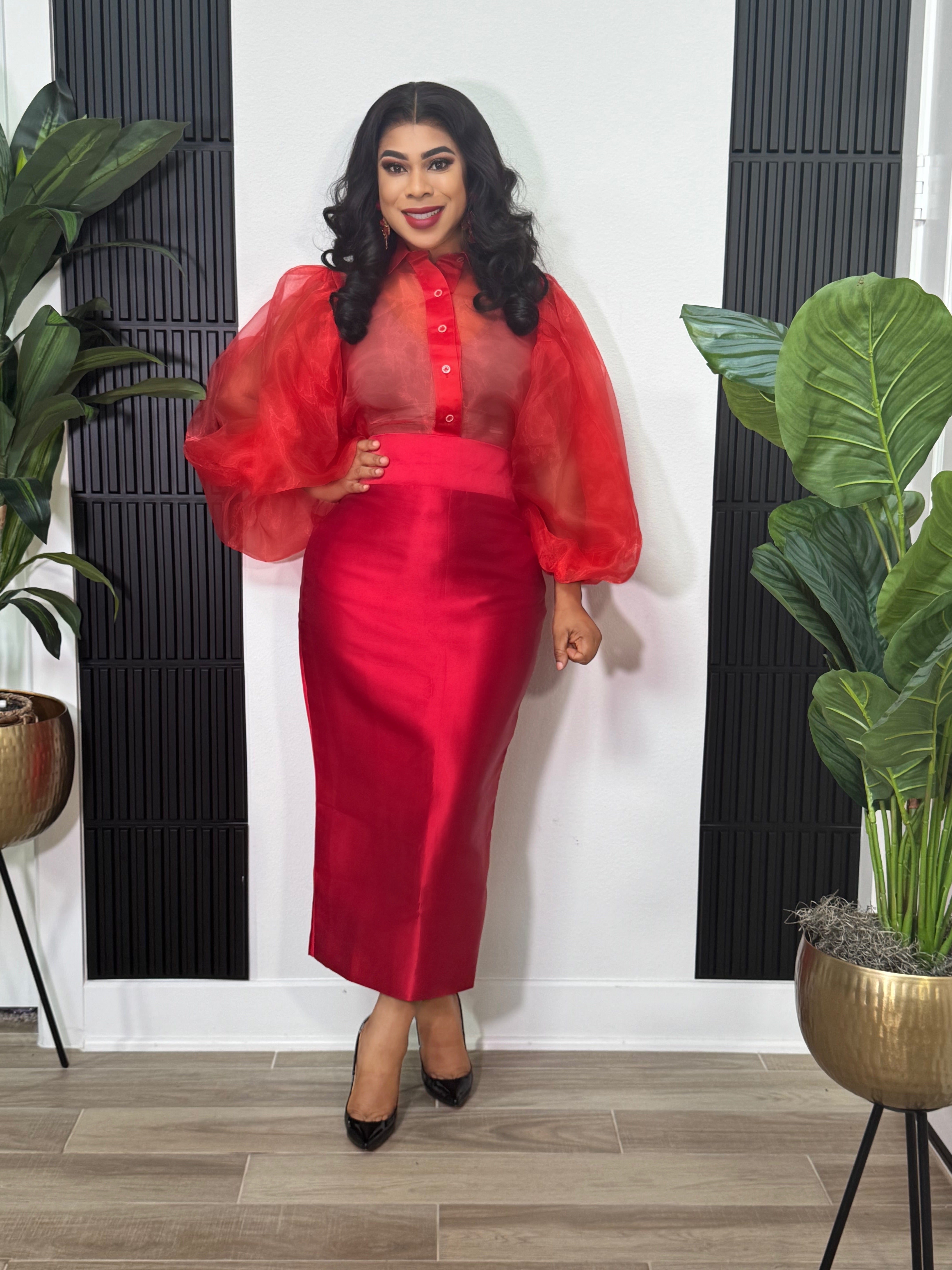 Kate Puff Sleeves Set- Red