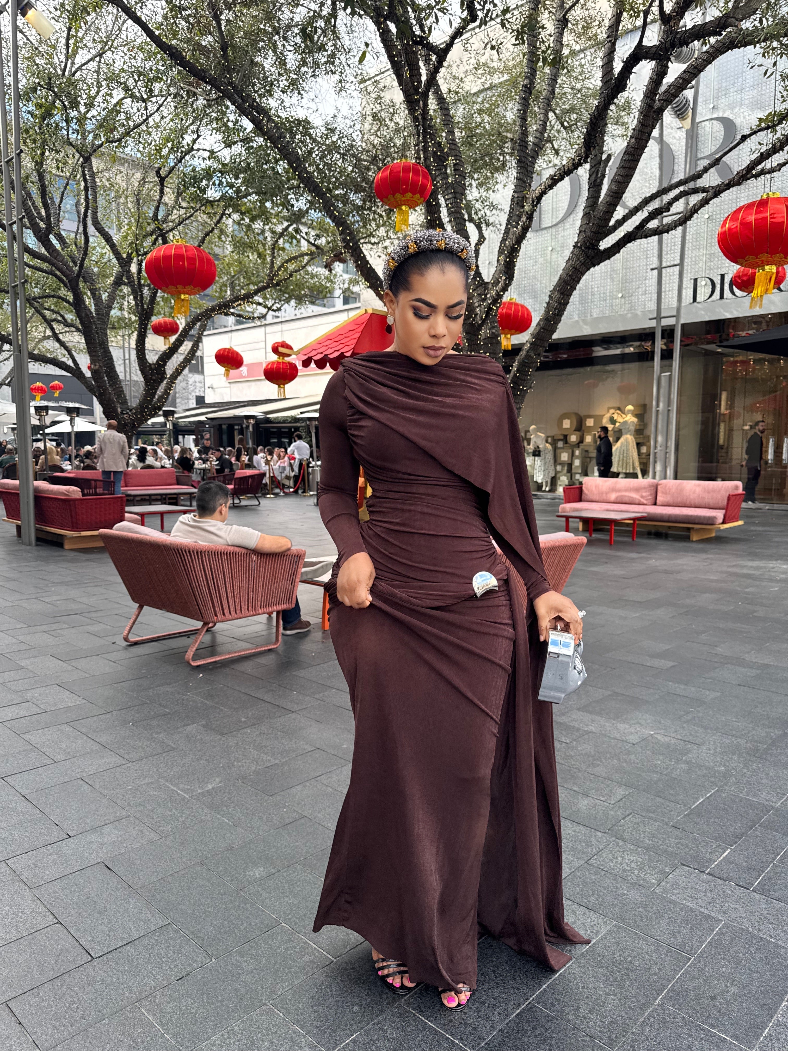 Jenny long sleeve evening Gown-Brown