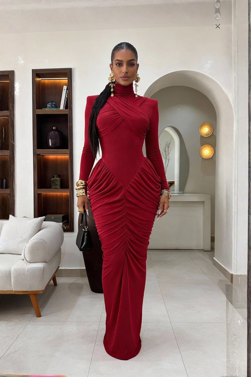 Neka mock neck shoulder pad crossed backless dress-Red Neka mock neck shoulder pad crossed backless dress-Red