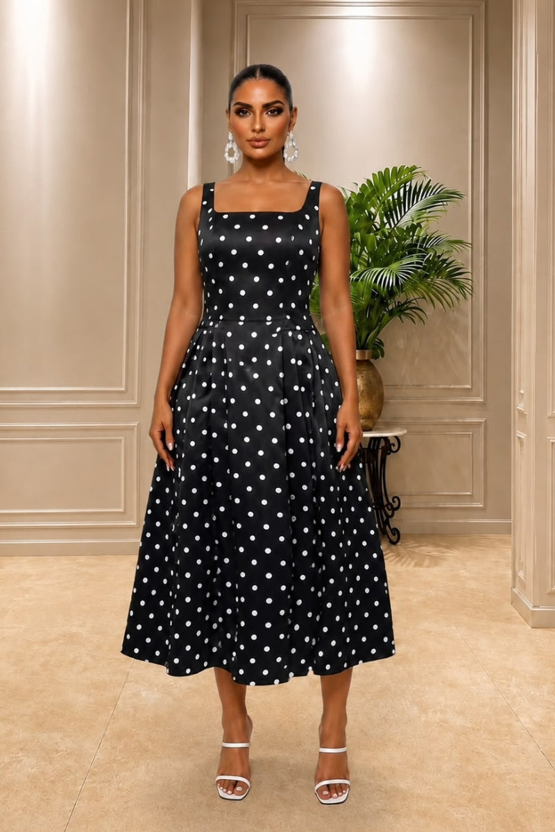 Monroe Polka Dot Midi Dress-Black