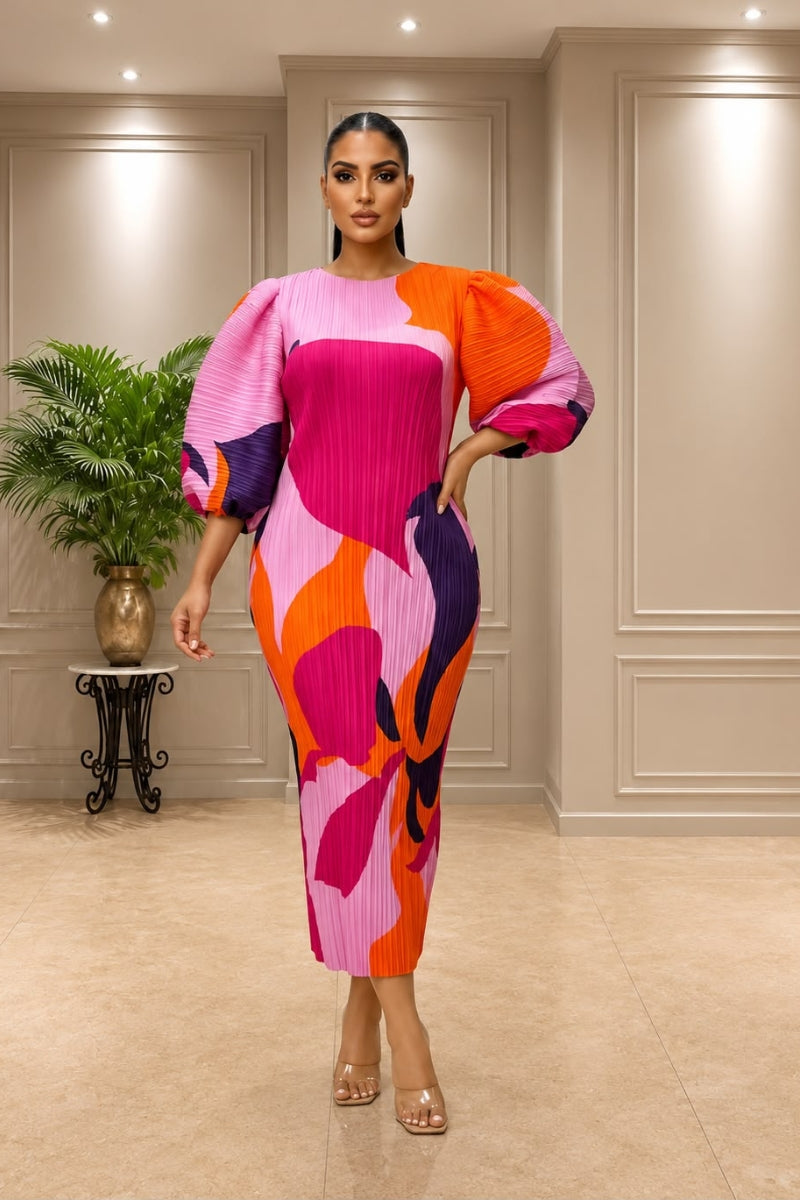 Emily Plated Midi Dress-Pink