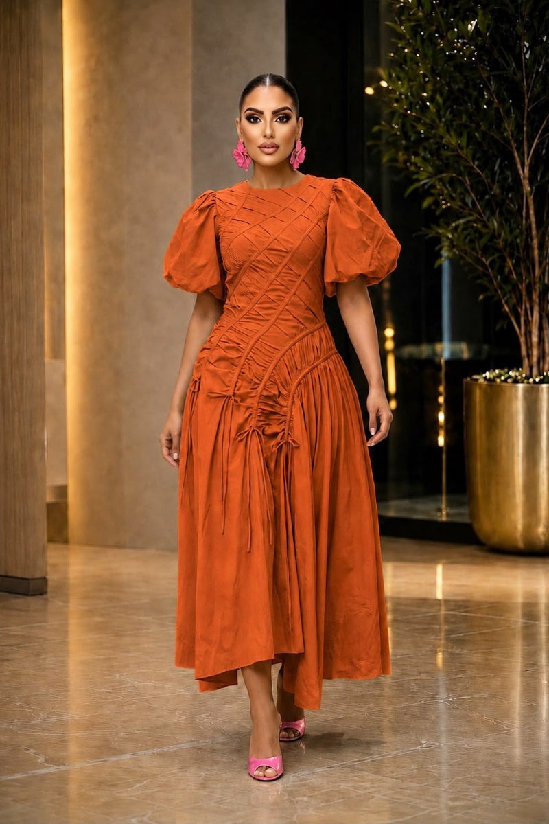 Grace Ruched Dress -Orange