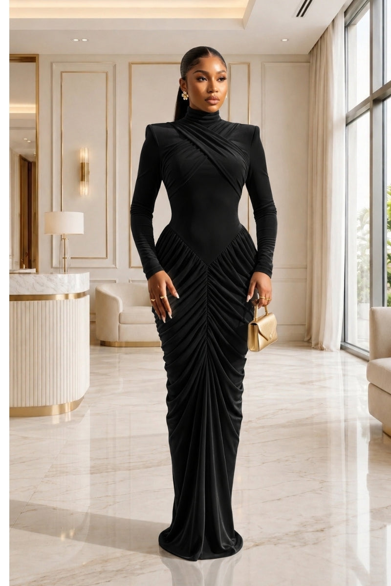 Neka mock neck shoulder pad crossed backless dress-Black