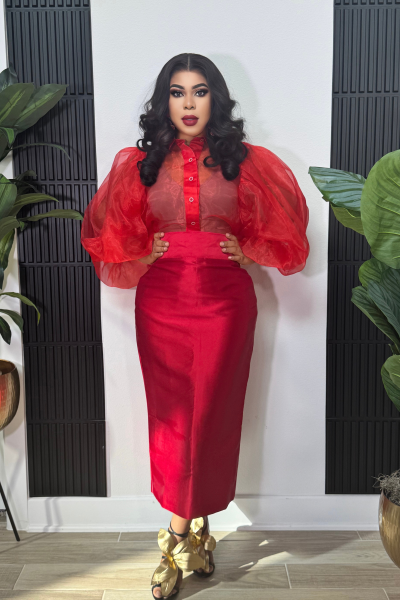 Kate Puff Sleeves Set- Red