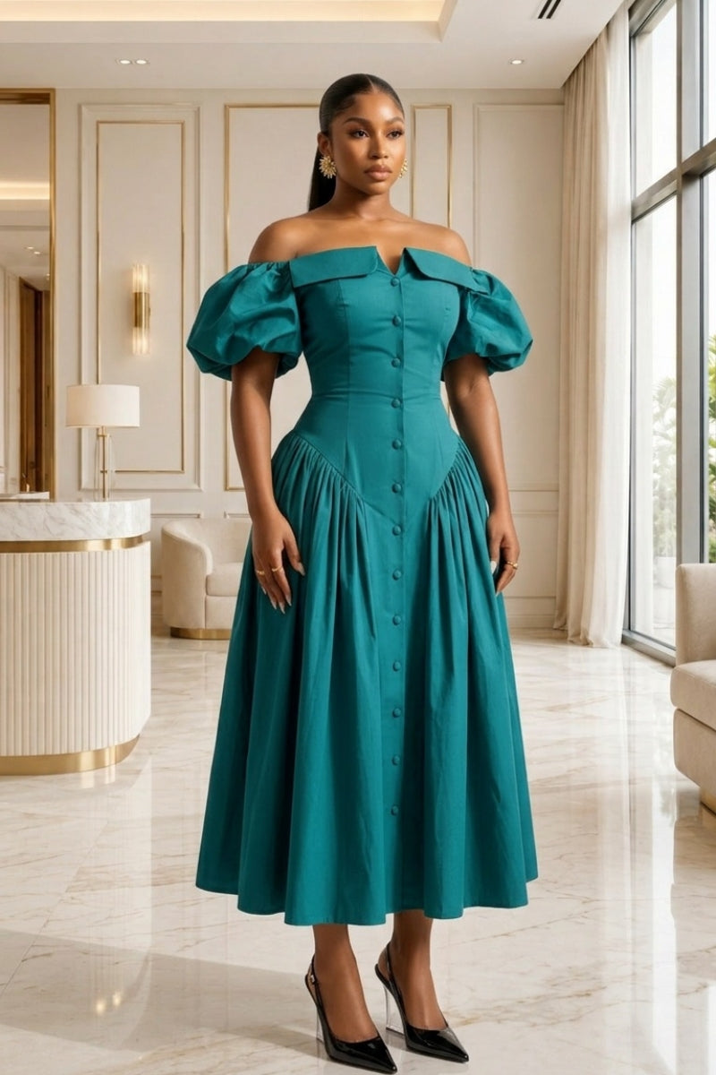 Cecelia Puffy Sleeve Midi Dress -Teal