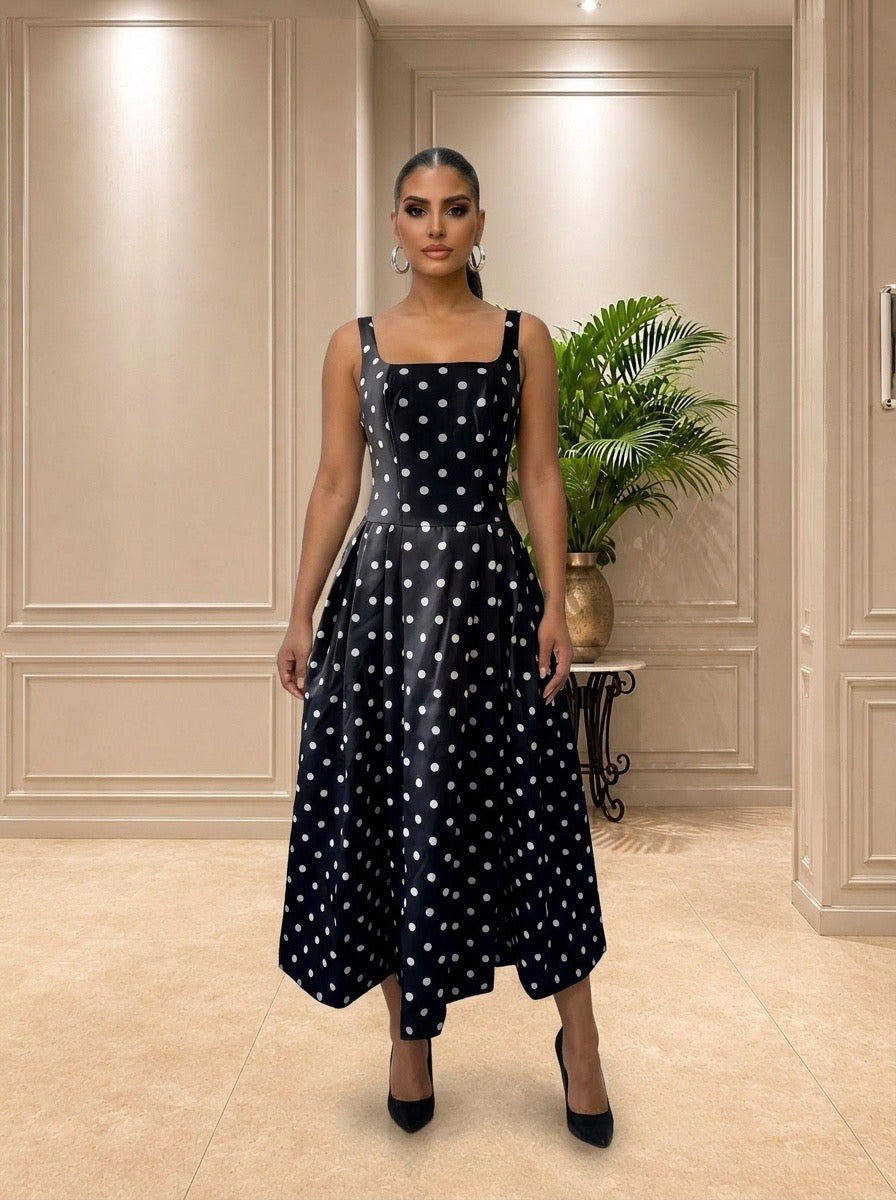 Monroe Polka Dot Midi Dress-Black