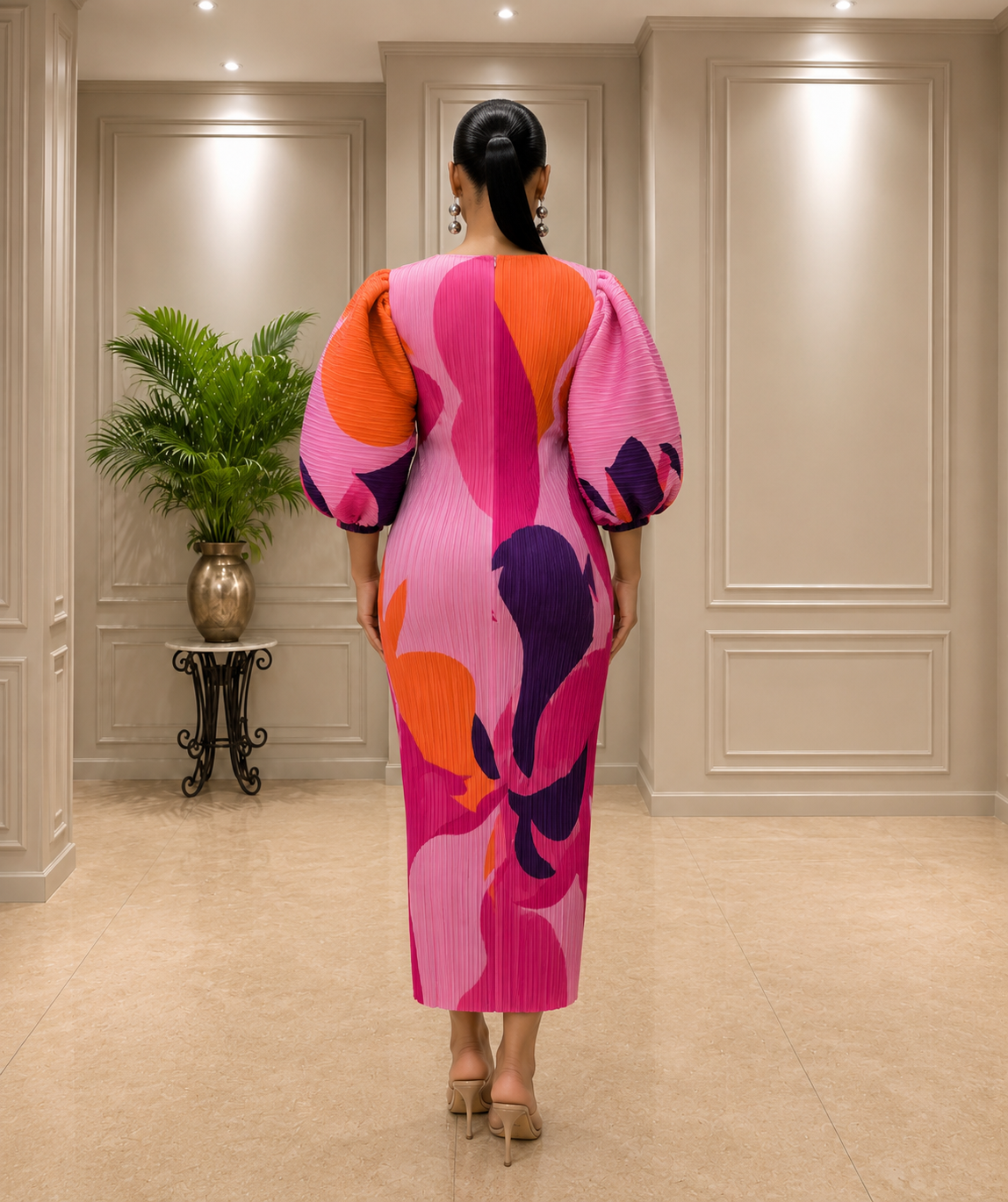 Emily Plated Midi Dress-Pink