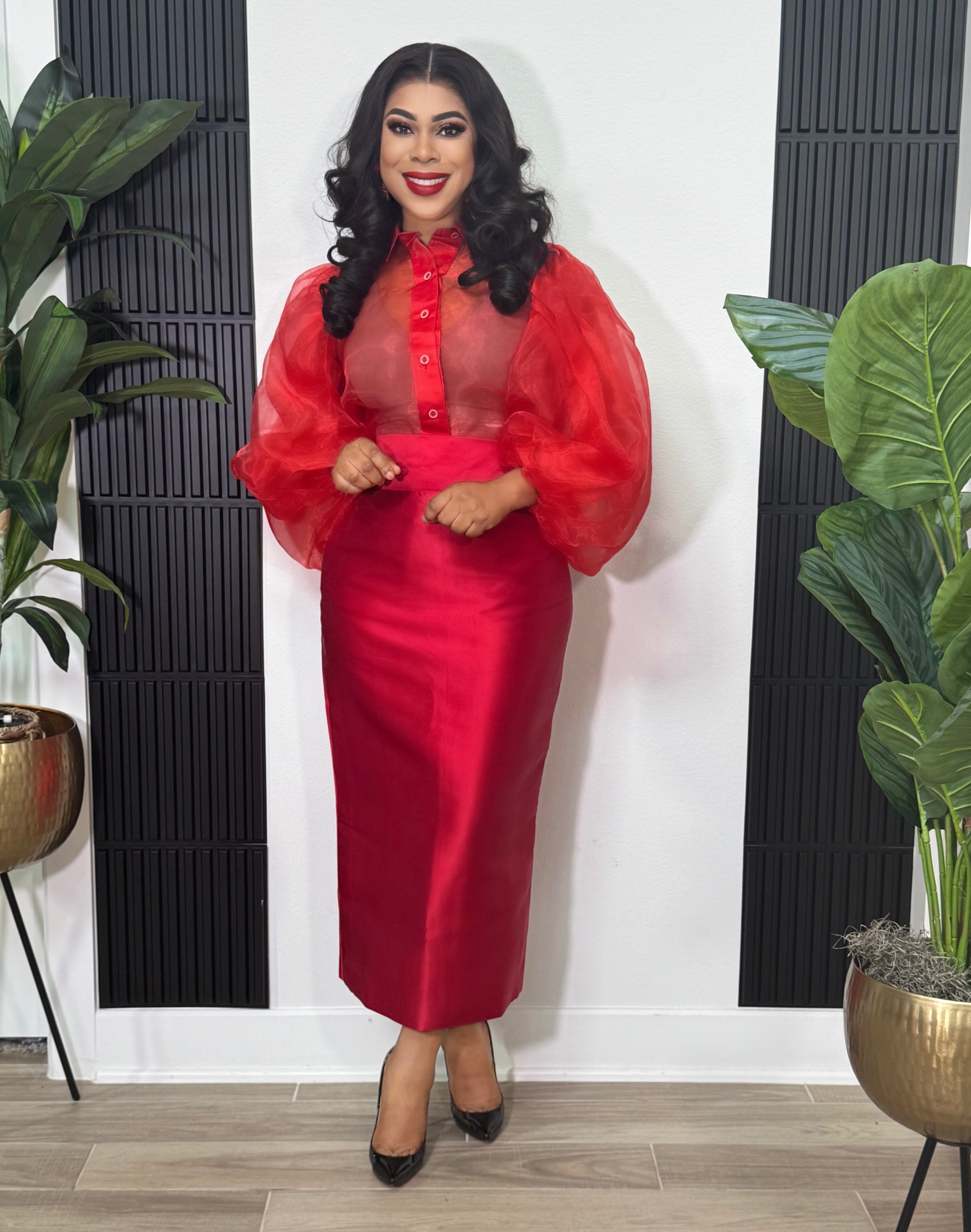 Kate Puff Sleeves Set- Red