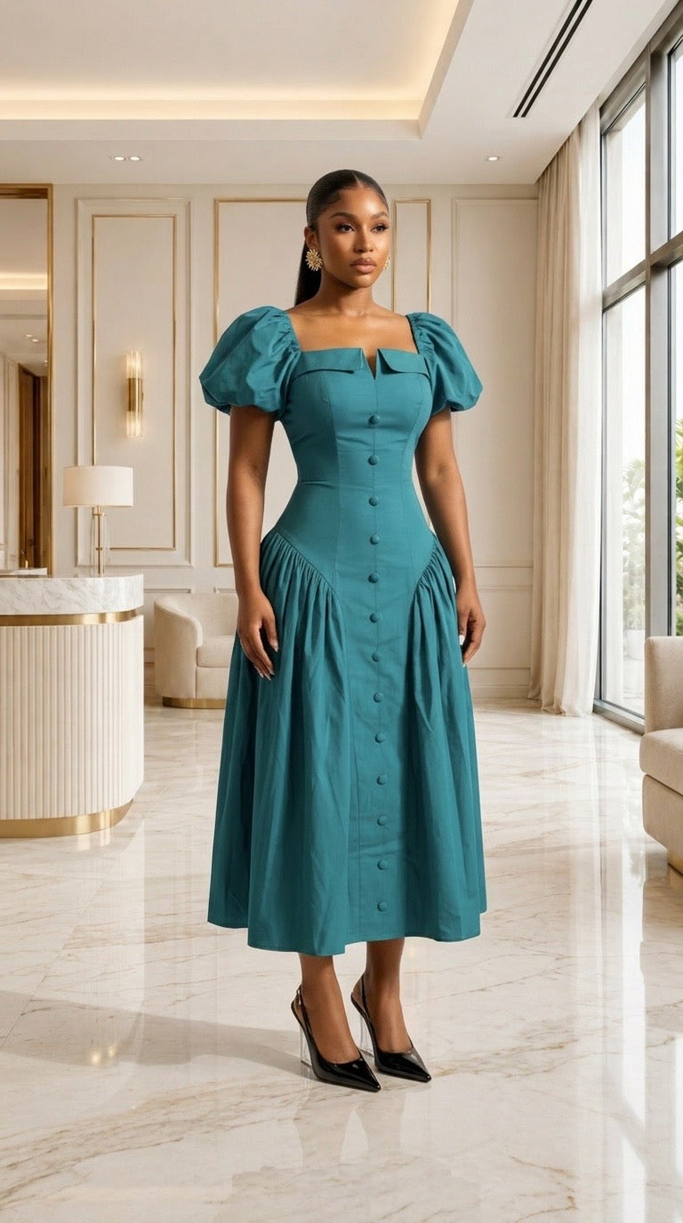 Cecelia Puffy Sleeve Midi Dress -Teal