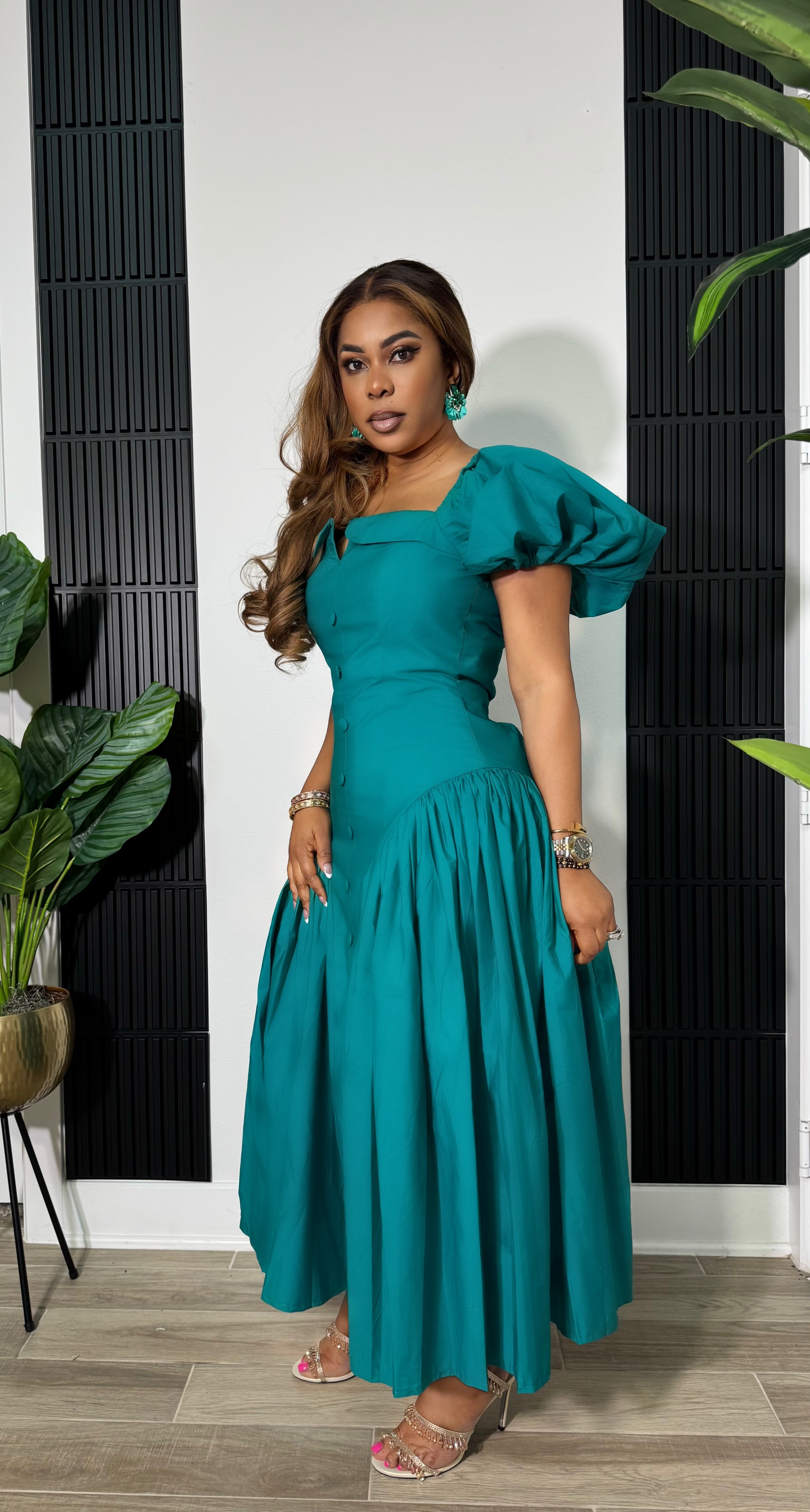 Cecelia Puffy Sleeve Midi Dress -Teal