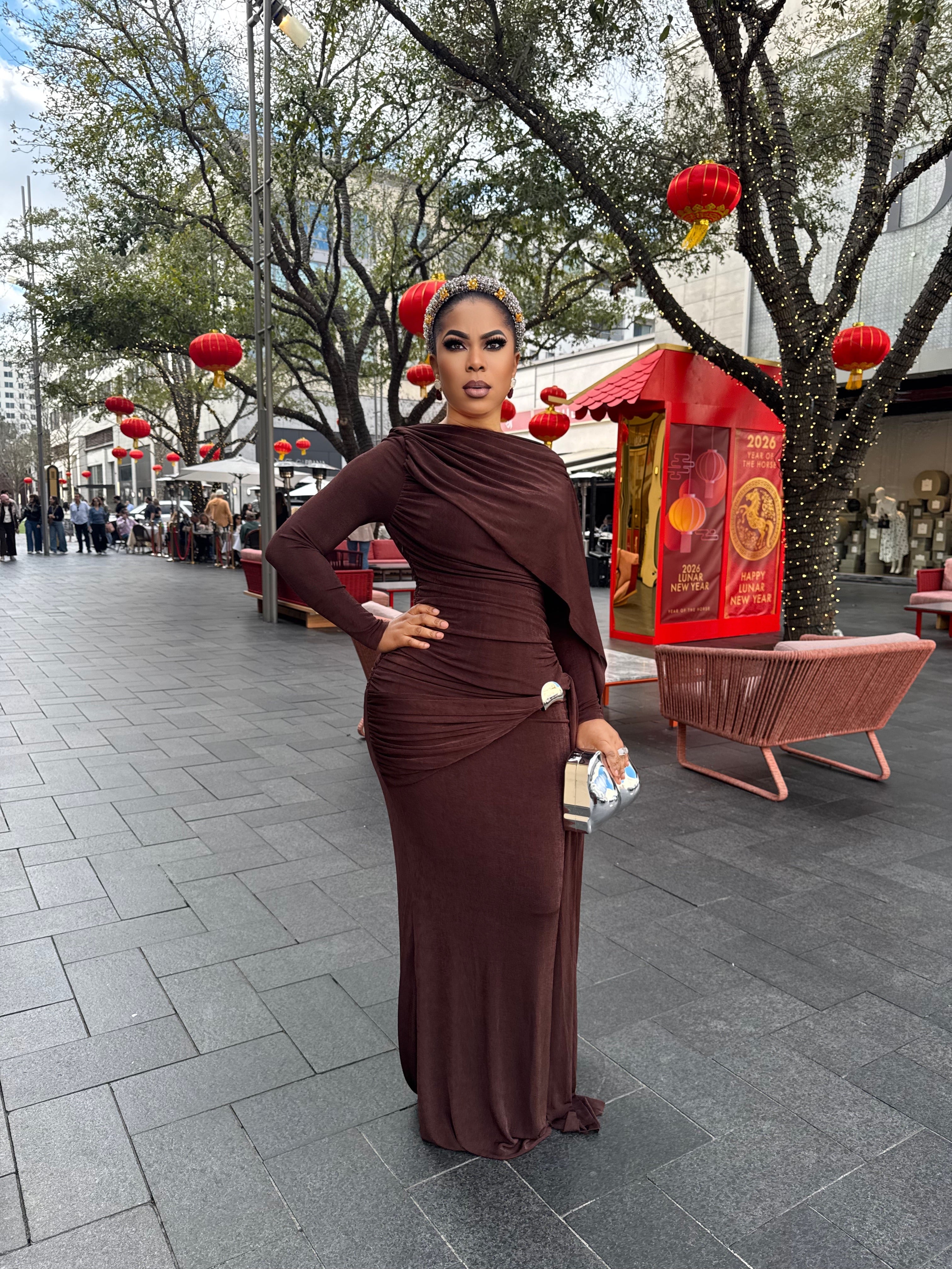 Jenny long sleeve evening Gown-Brown