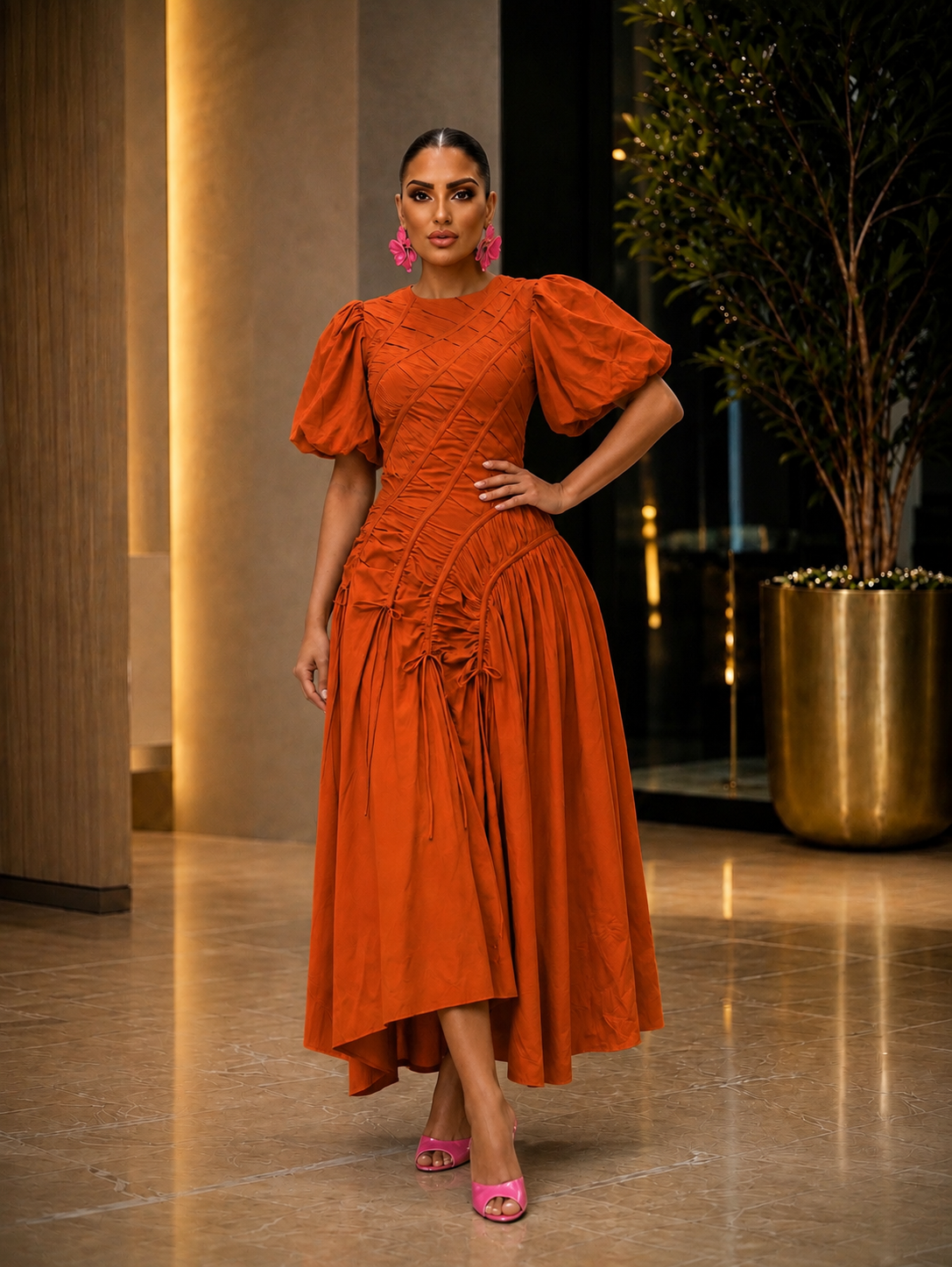 Grace Ruched Dress -Orange