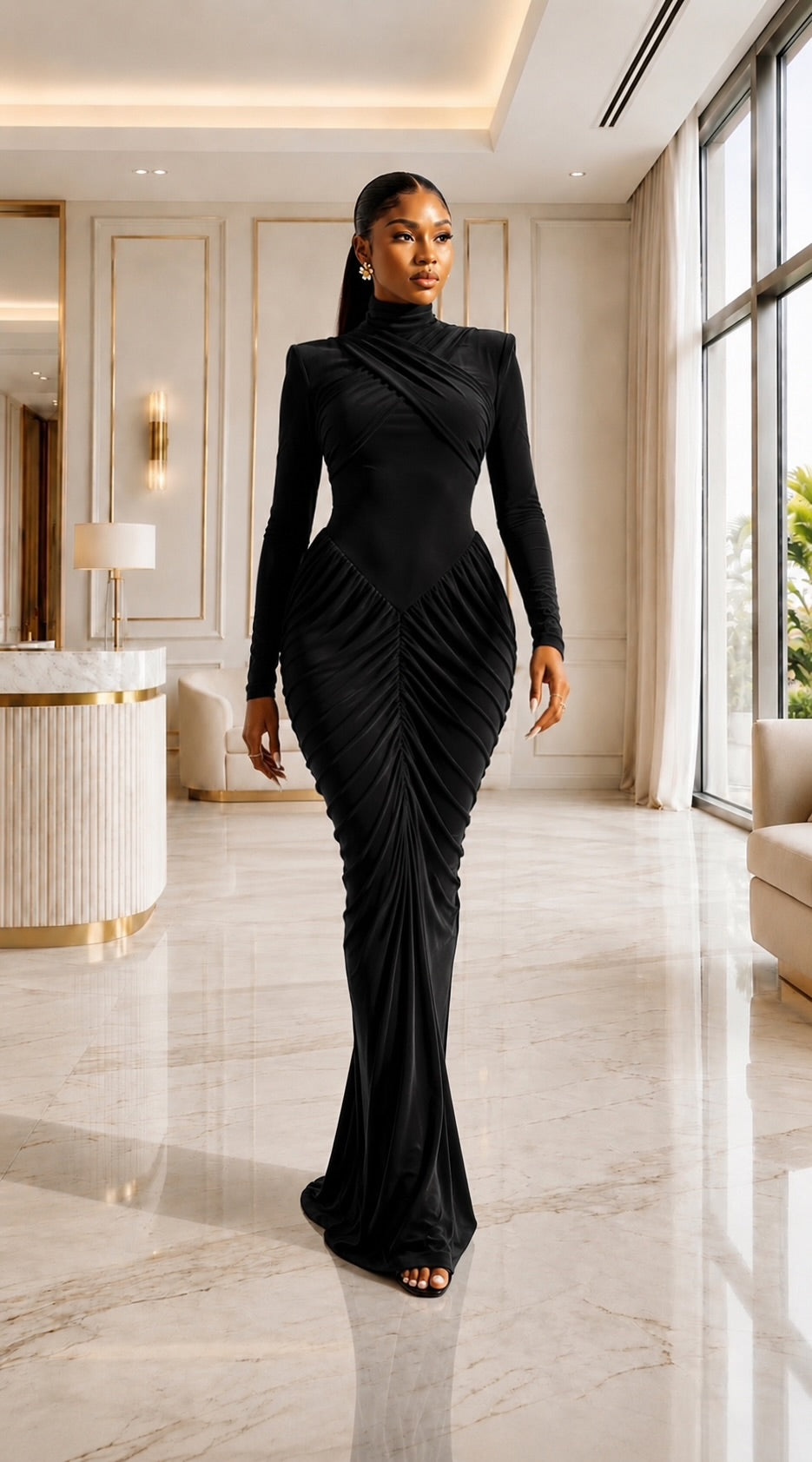Neka mock neck shoulder pad crossed backless dress-Black