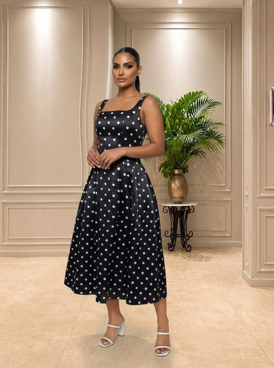 Monroe Polka Dot Midi Dress-Black