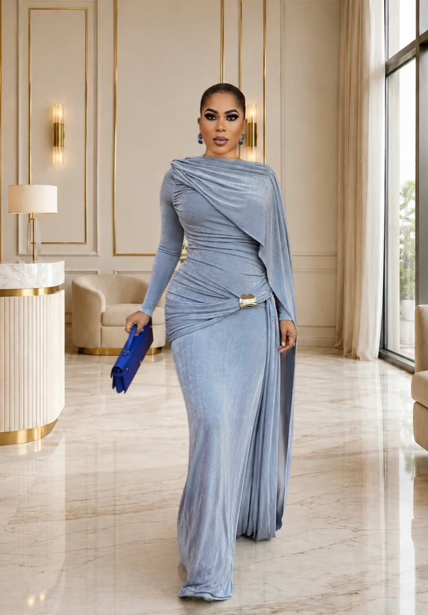 Jenny long sleeve  evening Gown-Blue