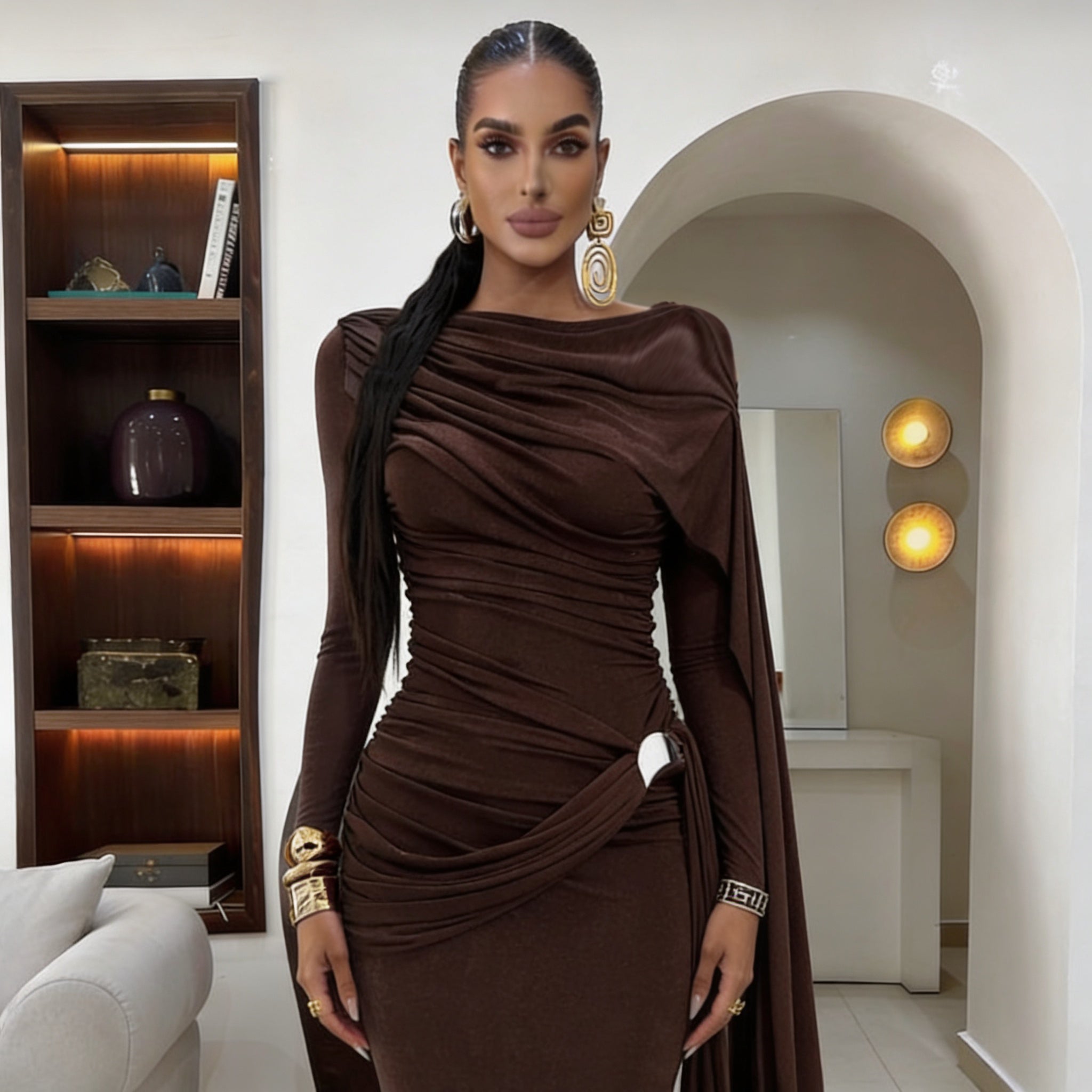 Jenny long sleeve evening Gown-Brown