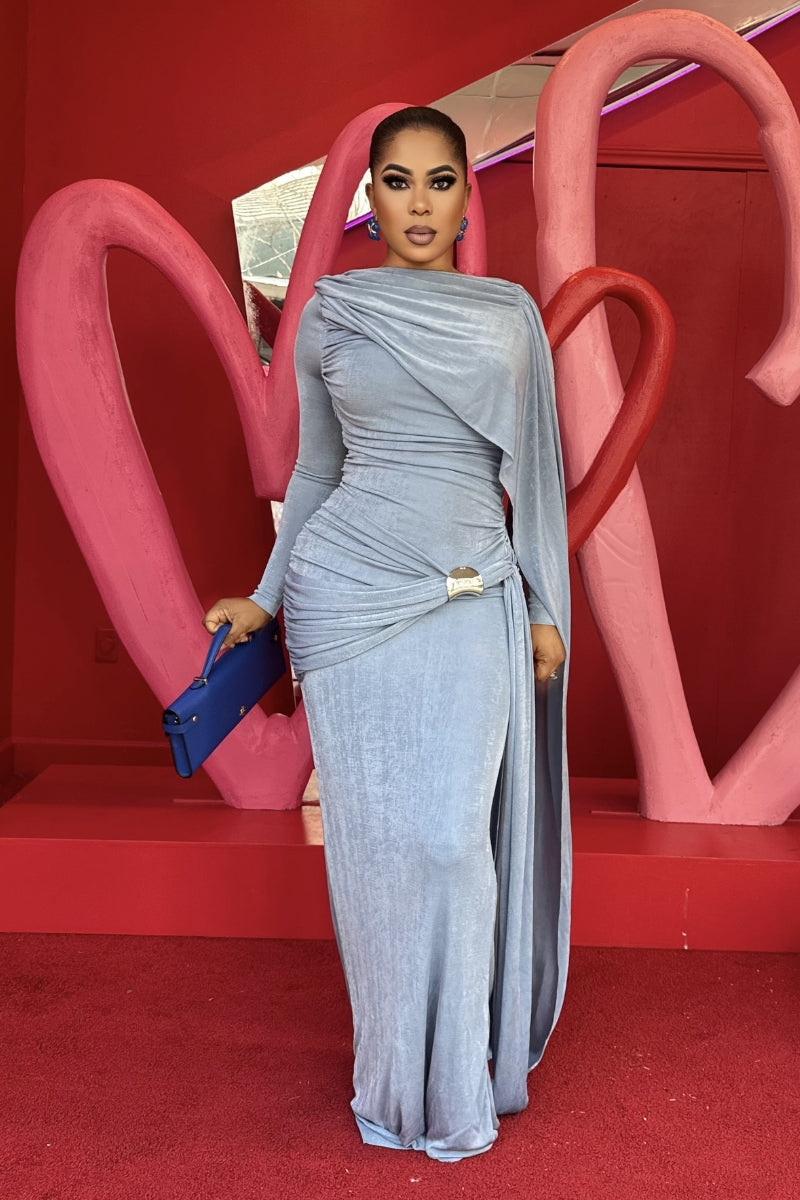 Jenny long sleeve  evening Gown-Blue