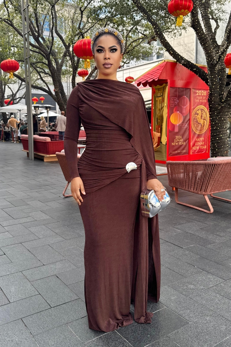 Jenny long sleeve evening Gown-Brown