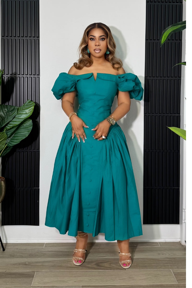 Cecelia Puffy Sleeve Midi Dress -Teal